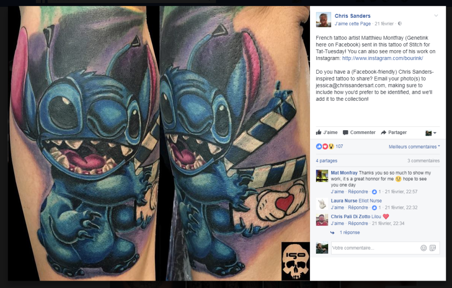 Notre tattoo Lilo et Stitch relayé par le réalisateur ...